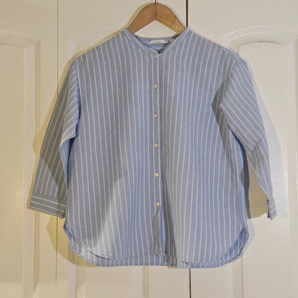 Uniqlo Women's Shirt L Blue Linen Blend Band Collar 3/4 Sleeve Striped Scandi - Picture 1 of 9